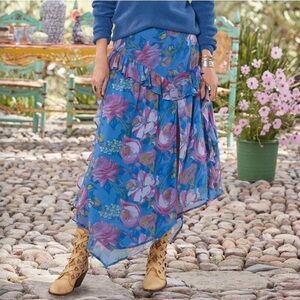 Sundance Blue Floral Asymmetrical Tiered Ruffle Skirt Boho Midi Size M